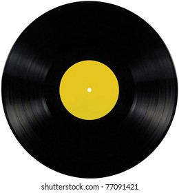 Black Vinyl Record Lp Album Disc; Isolated Long Play Record Disk With Blank Label In Yellow