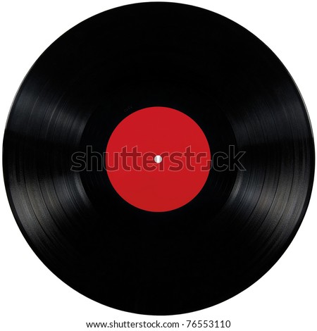Black vinyl record lp album disc; isolated long play disk with blank label in red
