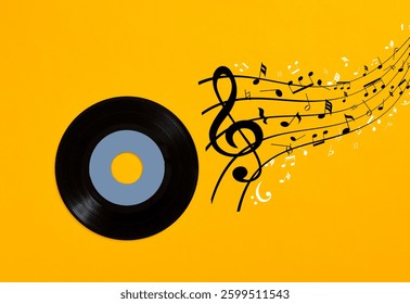 Grabación de vinilo negro tocando una corriente de notas musicales sobre un fondo amarillo, que representa el disfrute musical