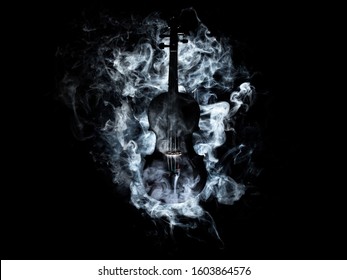 Black Violin With Smoke Around, Black Background