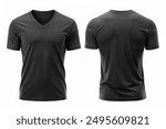 Black V-neck t-shirt design template front and back view, Blank t shirt mock up template isolated on white background, plain t-shirt mockup. V Neck tee design presentation for print.