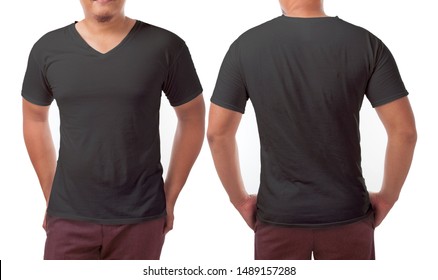 Black v-neck t-shirt mock up, front and back view, isolated. Male model wear plain black shirt mockup. V Neck shirt design template. Blank tees for print
