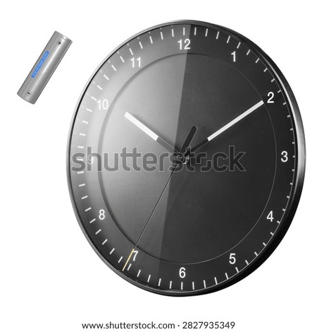 Black Wall Clock Isolated on White. Front Side View of Silent Quartz Clock Movement. Modern Style Timepiece with Numerals on Metal Frame. Home Decor Classic Timekeeping