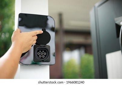 Black Wallbox (AC Normal Charger) In EV Charging Station With CCS Type 2 Connector