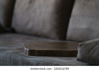 Black Walnut Wood Tray Slab On Faux Suede Couch