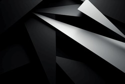 Black White Abstract Background. Geometric Shape. Lines, Triangles. 3d Effect. Light, Glow, Shadow. Gradient. Dark Grey, Silver. Modern, Futuristic