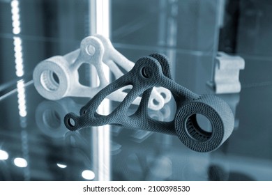 Black and white abstract models printed on 3d printer from powder close-up. 3D prototype created by additive 3d printing technology. Multi Jet Fusion MJF. Concept new modern hi-technology 3d printing