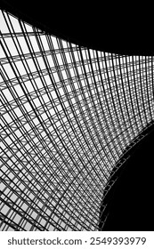 A black and white abstract pattern formed by the lines of the building.