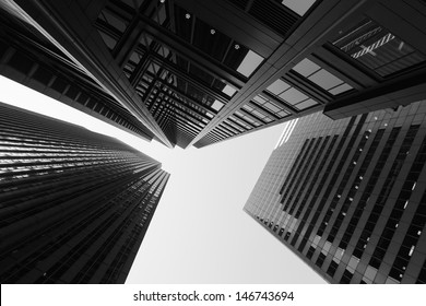 Black and white abstract upward view of downtown skyscrapers. - Shutterstock ID 146743694