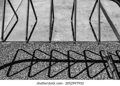 Black And White Abstract Views In The City Of Vancouver Bike Rack Train Tracks And Shadows