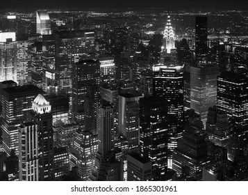 Black And White Aerial Photo Of Manhattan At Night, New York City, USA.