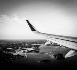 Black And White Airplane Flight With The Cityscape View Underneath