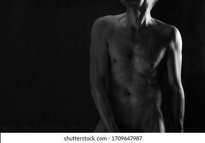 Black And White Art Photo Male Torso, Wet Body Goosebumps Shirtless Man. Artistic Photo Body Banner With Copy Space