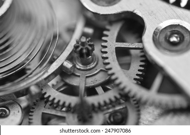 Black And White Background With Metal Cogwheels Inside Clockwork. Conceptual Photo For Your Successful Business Design. Macro. 