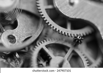 Black And White Background With Metal Cogwheels Inside Clockwork. Conceptual Photo For Your Successful Business Design. Macro.