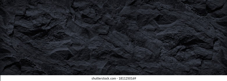 Black And White Background.  Black Rock Texture. Close-up. Stone Wall Backgroud For Design.  Copy Space. Wide Banner.