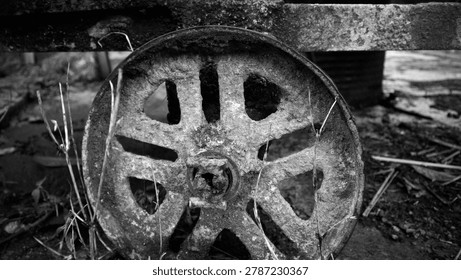 black and white background rusty iron cement mixer