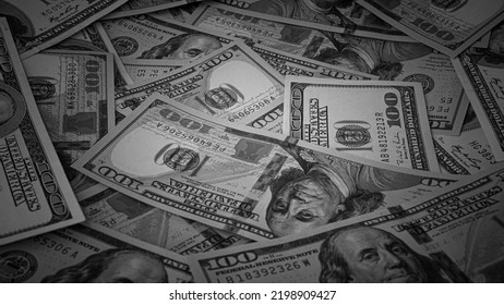 Black And White Background Of US Currency Banknotes Financial Concept Money Background Hundred Dollar Bills Top View Close Up