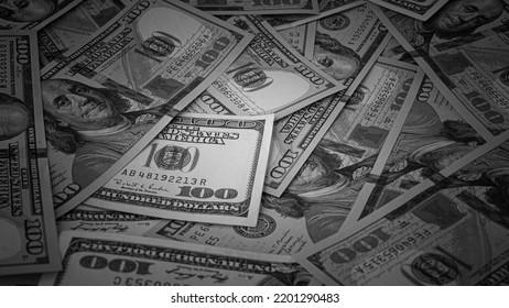 Black And White Background Of US Currency Banknotes Financial Concept Money Background Hundred Dollar Bills Top View Close Up