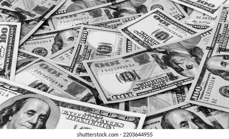 Black And White Background Of US Currency Banknotes Financial Concept Money Background Hundred Dollar Bills Top View Close Up