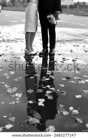 Black, white, and beautiful commitment. The powerful reflections on the wet, leaf-strewn ground tell a poignant story of their future.