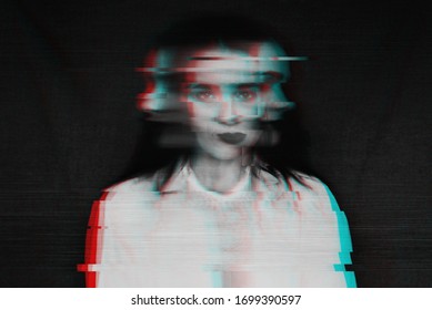 black and white blurred abstract portrait of a girl with mental disorders and schizophrenia with a glitch effect of virtual reality
