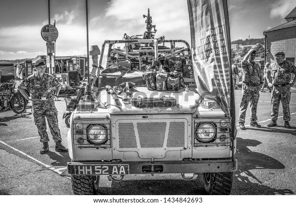 black and white British army at armed forces day in\
Scarborough 2018