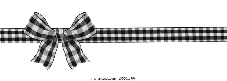 Black And White Buffalo Plaid Christmas Gift Bow And Ribbon Long Border Isolated On A White Background