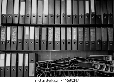 Black And White Business Binder Files On Shelf In Office Background For Presentation, Design, Wallpaper, Web Page, Backdrop, Graphic And Video