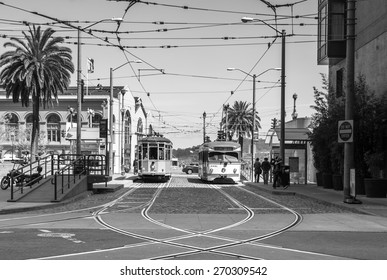 Black and White Cable Car in downtown San Franicosco on April 13 2015, USA