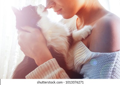 
Black And White Cat Licks The Nose Of A Young Beautiful Woman In A White Sweater