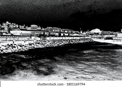 Black And White Charcoal Painting Of The Redondo Beach Boardwalk In Southern California.  

