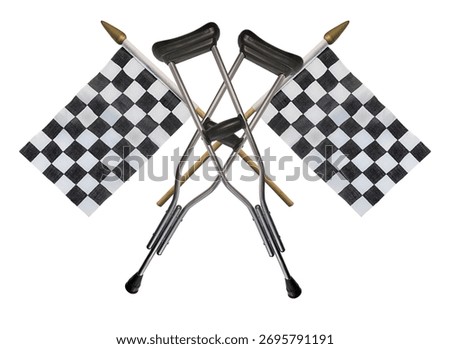 Black and white checkered flags with a set of crutches to show speedy recovery
