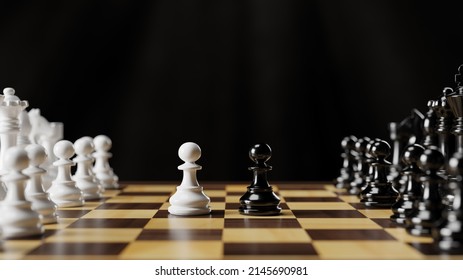 Black and white chess pieces on a chessboard. 3D rendering illustration. - Powered by Shutterstock