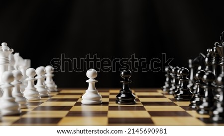 Black and white chess pieces on a chessboard. 3D rendering illustration.