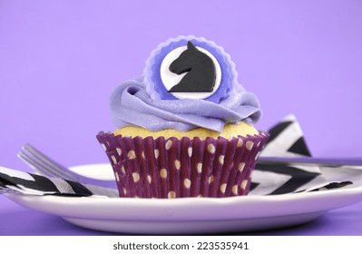 Black And White Chevron With Purple Theme Party Luncheon Table Place Setting For Melbourne Cup, Australian Public Holiday, Horse Race Event Cupcake.