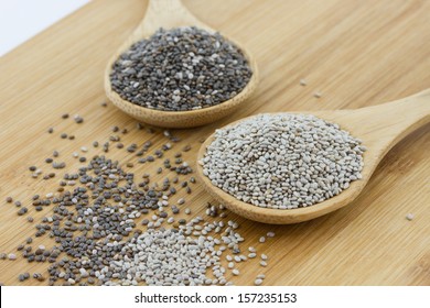 Black And White Chia Seeds On Wooden Underground