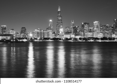 Black White Chicago Waterfront Panorama Night Stock Photo 1108514177 ...