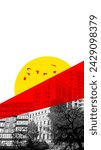 Black and white city landscape with diagonal red overlay and yellow sun, including flying birds. Contemporary art collage. Concept of architecture, real estate marketing, urban style