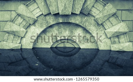 Black and white city pattern with reflection in autumn puddle. Spit of Vasilyevsky Island, Saint Petersburg, Russia. 