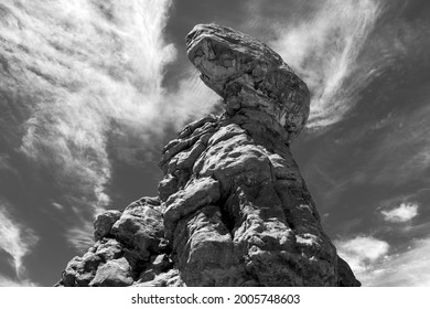 Black And White Close Up Of Balanced Rock Formation, Arches National Park, Utah, USA.