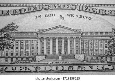 A Black And White Close Up Photo Of The U.S. Treasury On The Back Of A U.S. Ten Dollar Bill.