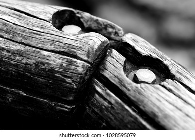 black and white close up of two wooden beams connected with screws