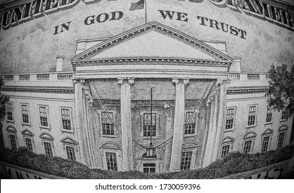 A Black And White, Close Up, Vignette, Fisheye Lens Photo Of The White House  On The Back Of A U.S. Twenty Dollar Bill.