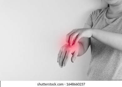 Black And White Close Up Woman Scratching Her Itchy Hand With Allergy Rash By Hand With Red Spot. Healthcare, Skin Problem And Medical Concept.