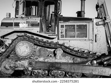 Black and white close-up of bulldozer - Shutterstock ID 2258375281