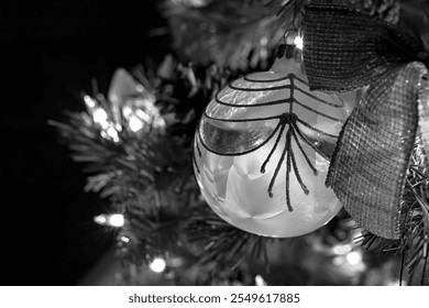 Black and white close-up of glass ornament on Christmas tree - Powered by Shutterstock