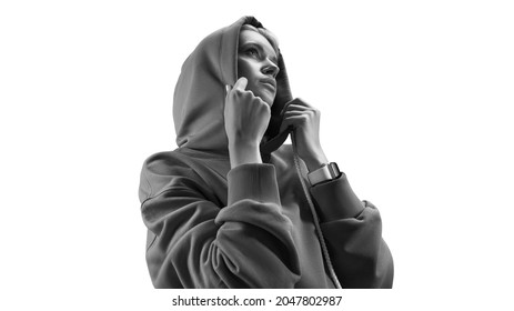 Black And White Closeup Portrait Of Attractive Caucasian Sporty Woman In Grey Hoodie Sportswear. Fitness Athletic Female Body In Sports Clothing. Modern Watch