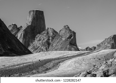 Black And White Close-up View Of Mount Asgard, Nunavut.