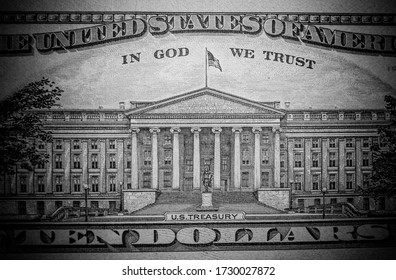 A Black And White, Closeup, Vignette Photo Of The U.S. Treasury On The Back Of A U.S. Ten Dollar Bill.